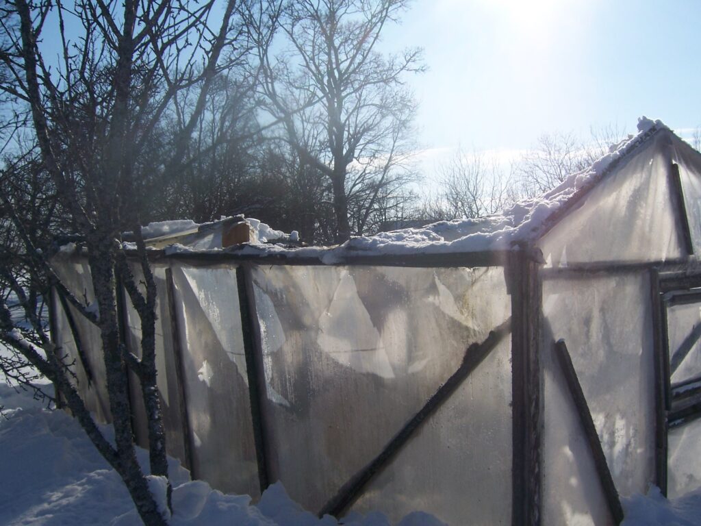 The old greenhouse after winter snow.