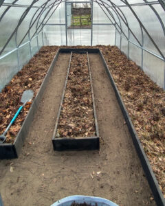 raised beds with a layer of leaves